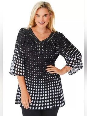 Woman Within Black White Polka Dot Studded V-Neck Pleated Bell Sleeves Size 4X